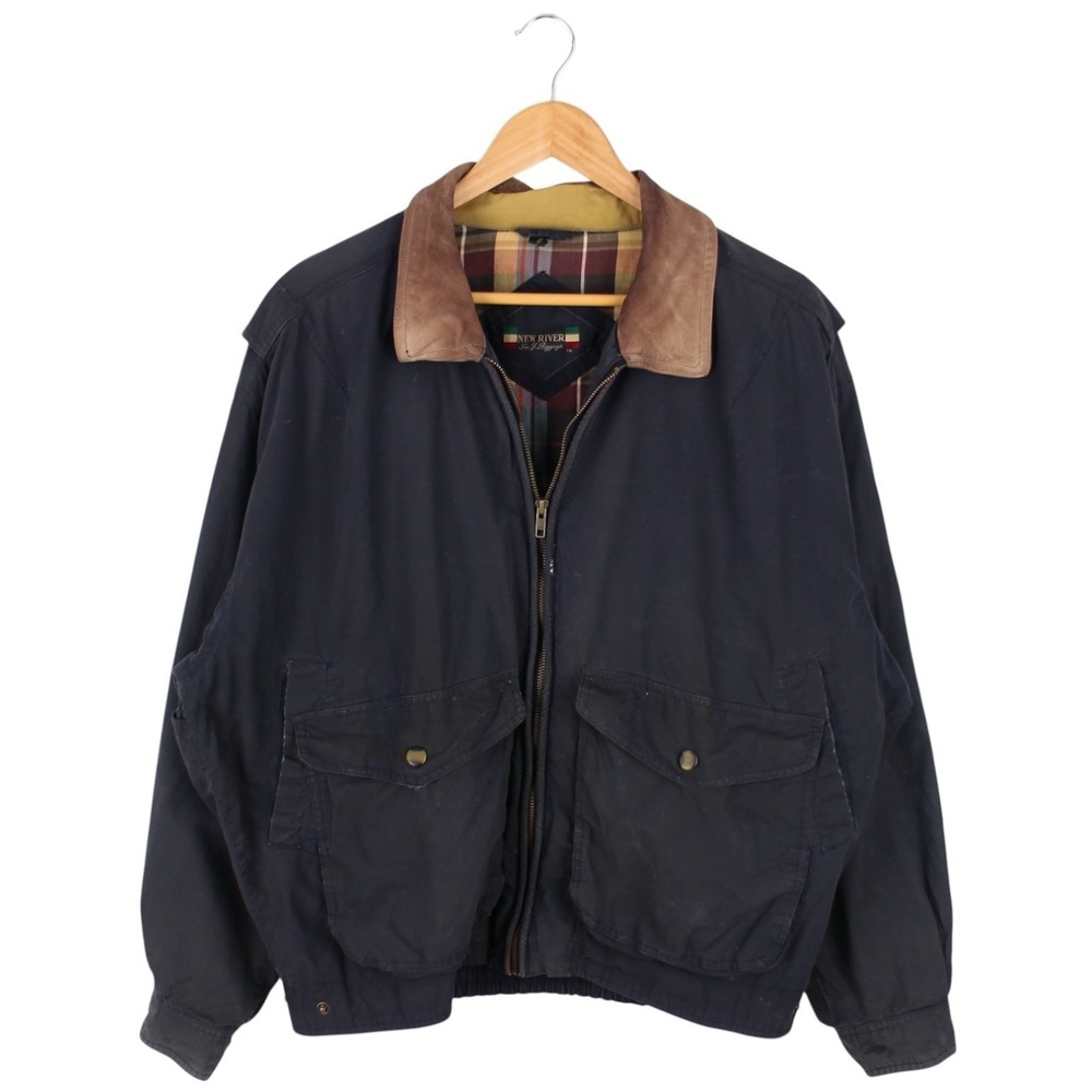 Vintage New River Leather Collar Field Jacket Plaid Lined Navy Men's Large
